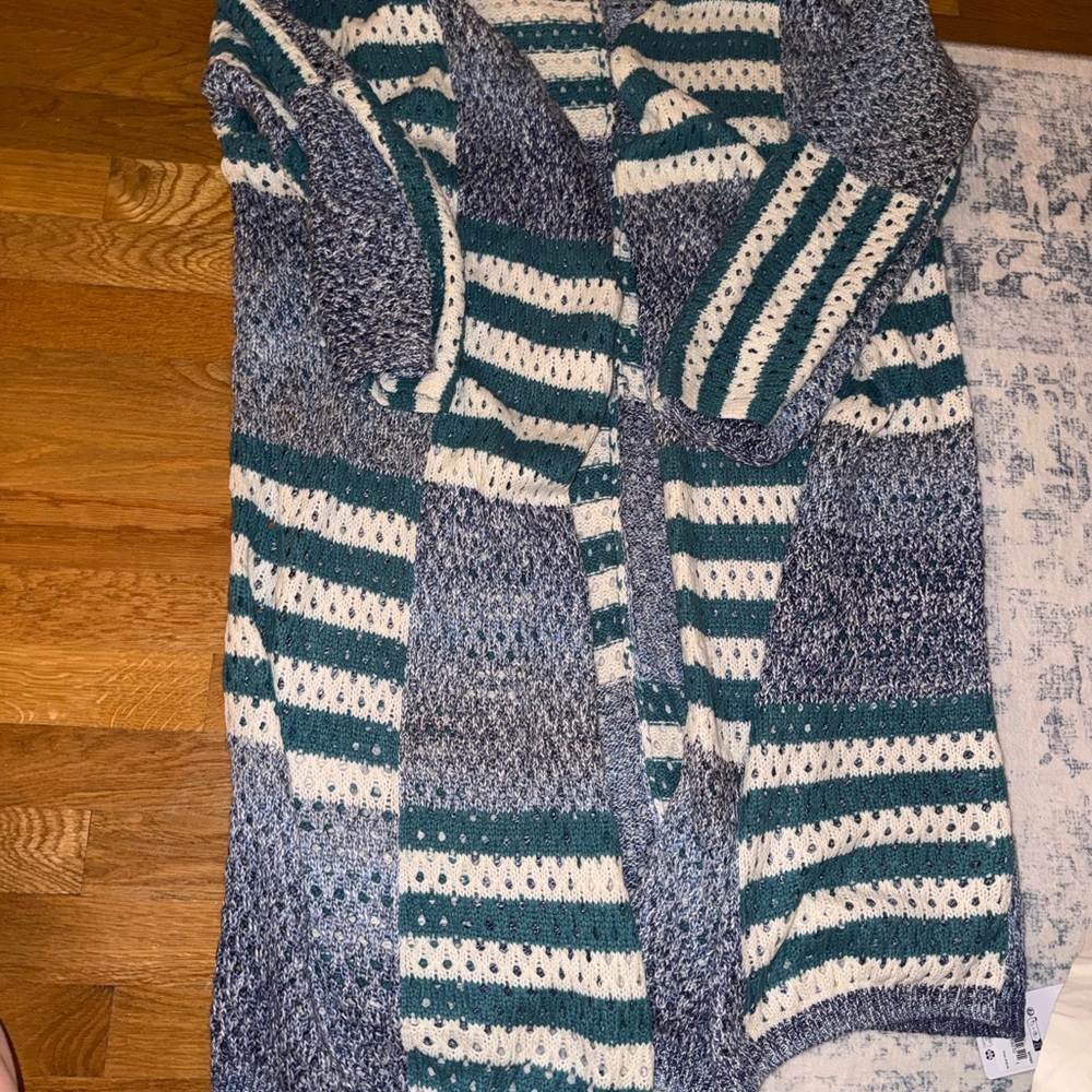 Striped Knit Cardigan Sweater - Blue and White